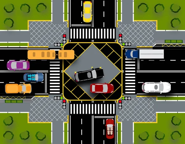 Intersección de la ciudad con un cruce peatonal y semáforos. Tráfico Primer plano con césped. ilustración — Vector de stock