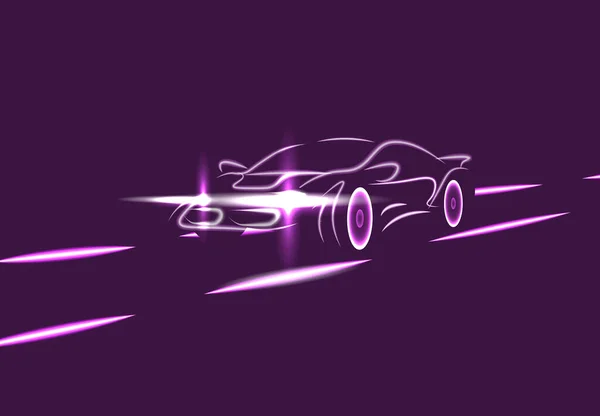 Seitenansicht einer neonglühenden Sportwagen-Silhouette auf der Autobahn. Abstrakter moderner Stil. Illustration — Stockvektor