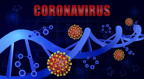 Covid-19 y la hélice del ADN. El coronavirus causa SARS grave. Pandemia mundial. ilustración — Vector de stock
