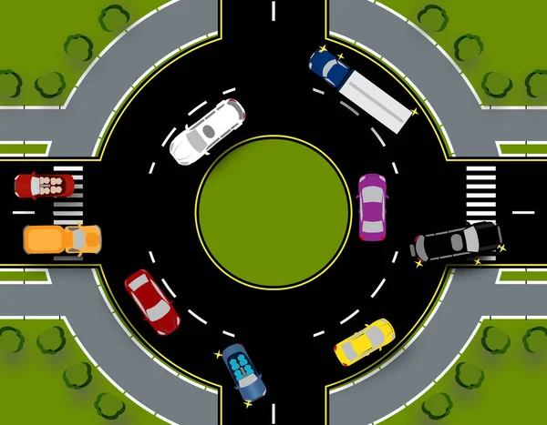 Rotunda com círculo de trânsito. Ônibus, carros, caminhão, SUV. Close-up com gramados. Ilustração — Vetor de Stock