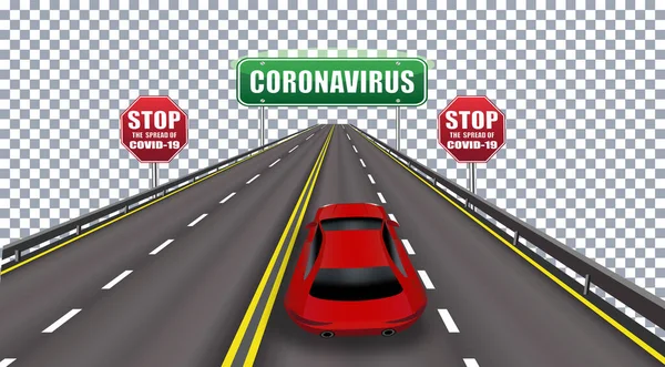 Coronavirus - precaución, señal de tráfico prohibida. COVID-19 Peligros y peligros para la salud pública. Pandemia. ilustración — Vector de stock