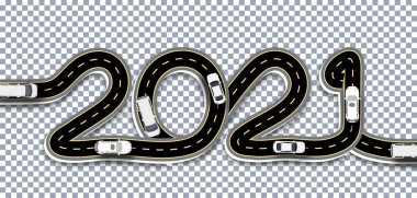 2021 Yeni Yıl. İşaretleri ve köprüleri olan bir yol, gölgeli bir yazı olarak stilize edilir. Şeffaf bir arkaplanda. resimleme