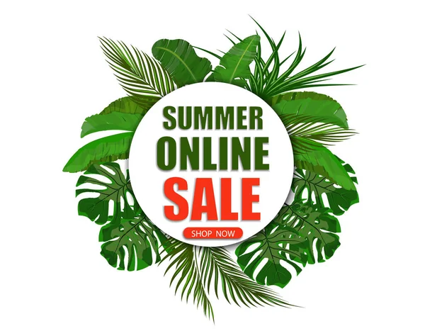 Sommer Online-Verkauf. Jetzt einkaufen. Banner auf dem Hintergrund von Palmblättern. Illustration — Stockvektor