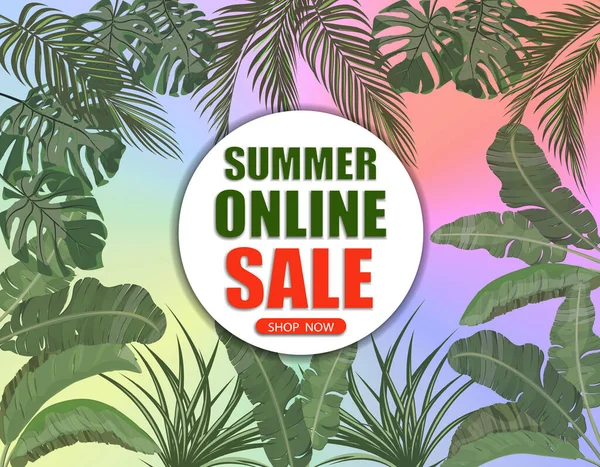 Καλοκαίρι online πώληση. Banner στο φόντο των φύλλων φοίνικα σε όλες τις πλευρές και ένα πολύχρωμο κλίση. Ψωνίστε τώρα. απεικόνιση — Διανυσματικό Αρχείο