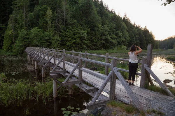 Drewniany Most Woda Pełna Liści Trawy Robienia Zdjęć Fotograf Kobieta — Zdjęcie stockowe