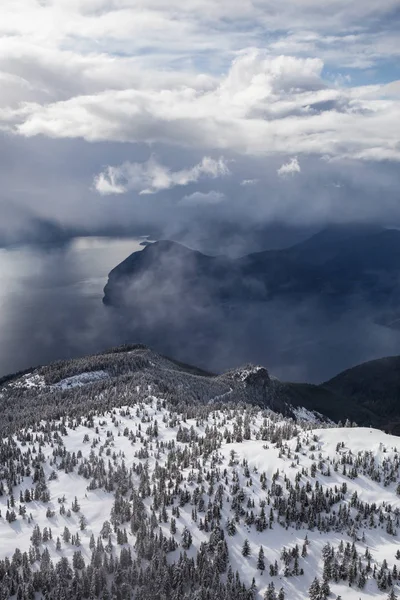 Aerial Dreamy Landscape View Mountains Ocean Inlet Layers Rain Clouds — Stock Photo, Image