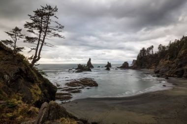 Pasifik Okyanusu üzerinde kayalık bir Beach manzaralı. Resim Shi Shi Beach, Neah Bay, Washington, ABD.