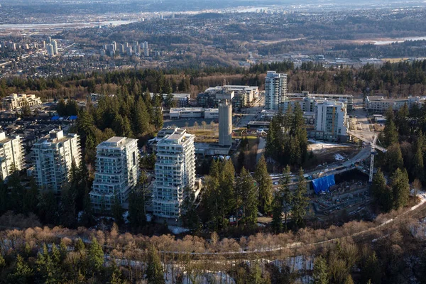 Aerial view of Simon Fraser University (SFU) on Burnaby Mountain. Picture taken in Vancouver Lower Mainland, British Columbia, Canada.