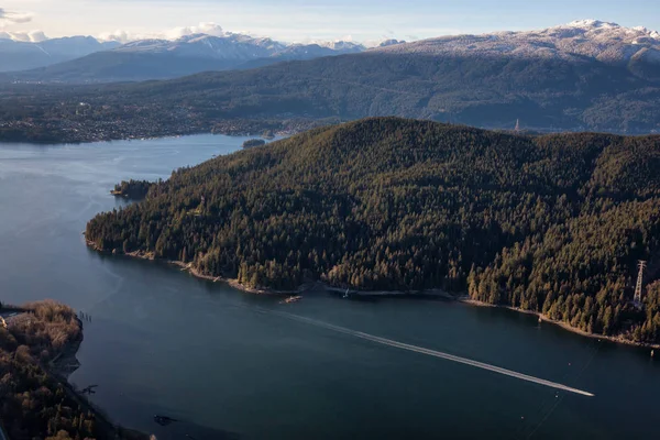Aerial view on Admiralty Point Park and Deep Cove. Picture taken in Vancouver Lower Mainland during a sunny winter day.