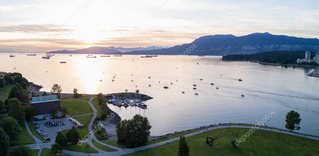 Beautiful Sunset viewed from an aerial perspective of Burrard Inlet from Kits Point, Vancouver, BC, Canada.