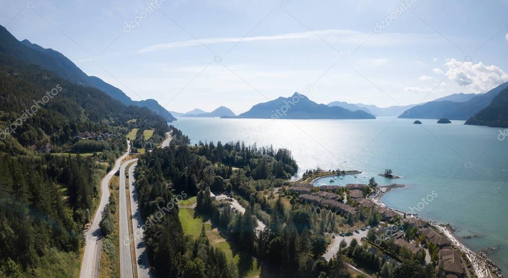 Aerial drone view of a beautiful landscape in Howe Sound. Taken North of Vancouver, British Columbia, Canada.