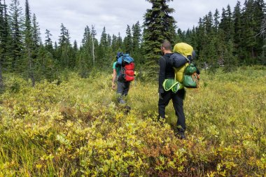 Açıkhavaya macera insanlar renkli çayır ve orman hiking. Resim çok uzak doğu Vancouver ve Seattle Washington, ABD içinde çekilen. Kavramı macera, keşif ve yolculuk.