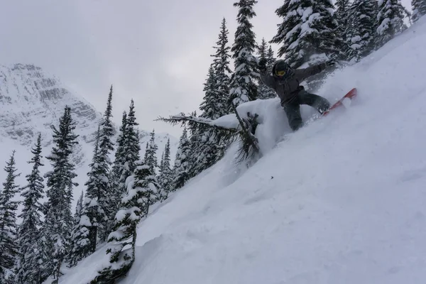 Snowboarder Équitation Terrain Montagne Extrême Raide Prise Kicking Horse Mountain — Photo
