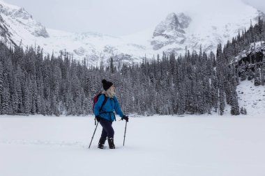 Macera kadın güzel Kanada kar kaplı manzara içinde kış döneminde snowshoeing. Joffre Gölü, Vancouver, British Columbia, Kanada kuzeyindeki alınan.