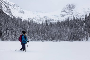 Macera kadın güzel Kanada kar kaplı manzara içinde kış döneminde snowshoeing. Joffre Gölü, Vancouver, British Columbia, Kanada kuzeyindeki alınan.