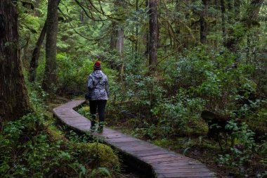 Parlak kırmızı ceket giyen kız dolaşıyor güzel ormanın bir canlı kış sabahı sırasında. Alınan Ucluelet, Vancouver Adası, Bc, Kanada.