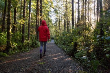 Parlak kırmızı ceket giyen kız dolaşıyor güzel ormanın bir canlı kış sabahı sırasında. Alınan Ucluelet, Vancouver Adası, Bc, Kanada.