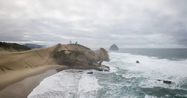 Aerial Panoramic Seascape Cloudy Winter Day Oregon Coast — Stock Photo, Image