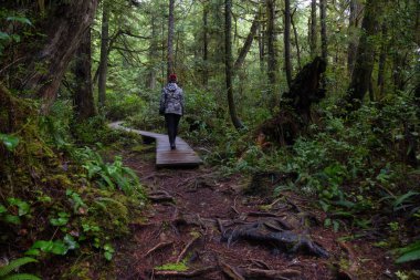 Parlak kırmızı ceket giyen kız dolaşıyor güzel ormanın bir canlı kış sabahı sırasında. Alınan Ucluelet, Vancouver Adası, Bc, Kanada.