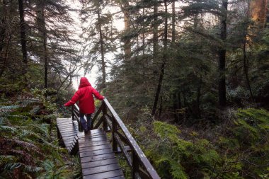 Parlak kırmızı ceket giyen kız dolaşıyor güzel ormanın bir canlı kış sabahı sırasında. Alınan Ucluelet, Vancouver Adası, Bc, Kanada.