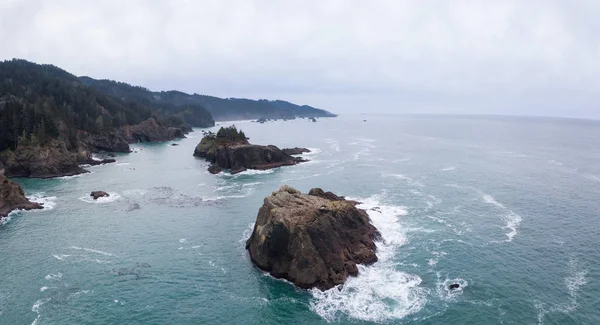 Aerial Panoramic View Highway Pacific Ocean Shore Cloudy Winter Morning — Stock Photo, Image