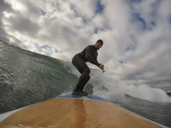 Man Een Standup Paddle Board Peddelen Oceaan Genomen Tofino Vancouvereiland — Stockfoto