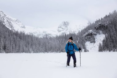 Macera kadın güzel Kanada kar kaplı manzara içinde kış döneminde snowshoeing. Joffre Gölü, Vancouver, British Columbia, Kanada kuzeyindeki alınan.