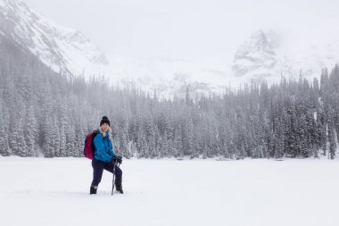 Macera kadın güzel Kanada kar kaplı manzara içinde kış döneminde snowshoeing. Joffre Gölü, Vancouver, British Columbia, Kanada kuzeyindeki alınan.