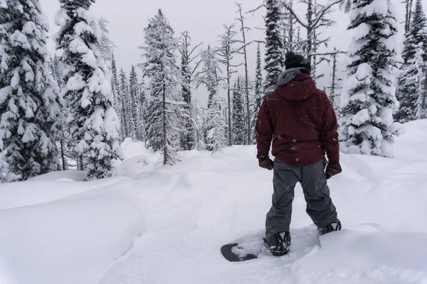 Erkek Snowboard Ayakta Dik Karlı Tullantı Sürme Önce Bakıyor Whitewater — Stok fotoğraf