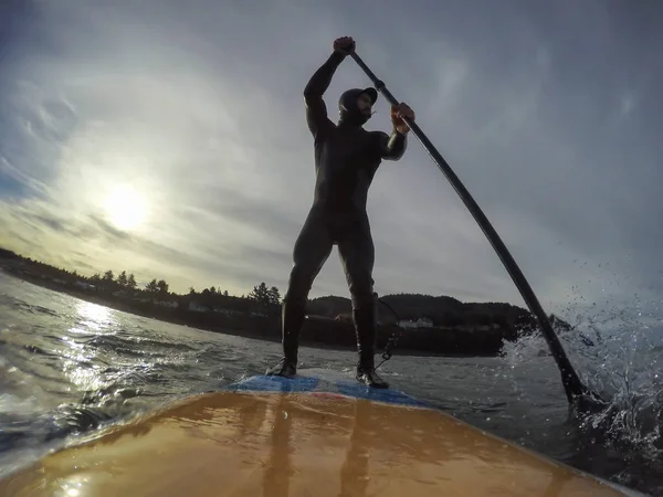 Man Een Wetsuit Peddel Instappen Oceaan Tijdens Een Zonnige Winterochtend — Stockfoto