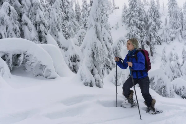Junge Abenteuerlustige Kaukasische Frau Beim Schneeschuhwandern Den Schneebedeckten Bergen Aufgenommen — Stockfoto