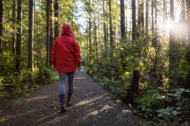 Parlak kırmızı ceket giyen kız dolaşıyor güzel ormanın bir canlı kış sabahı sırasında. Alınan Ucluelet, Vancouver Adası, Bc, Kanada.
