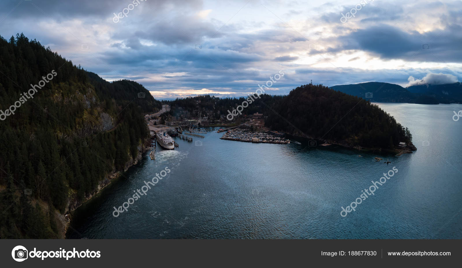 Aerial Panoramic View Horseshoe Bay Howe Sound Vibrant Cloudy Sunset