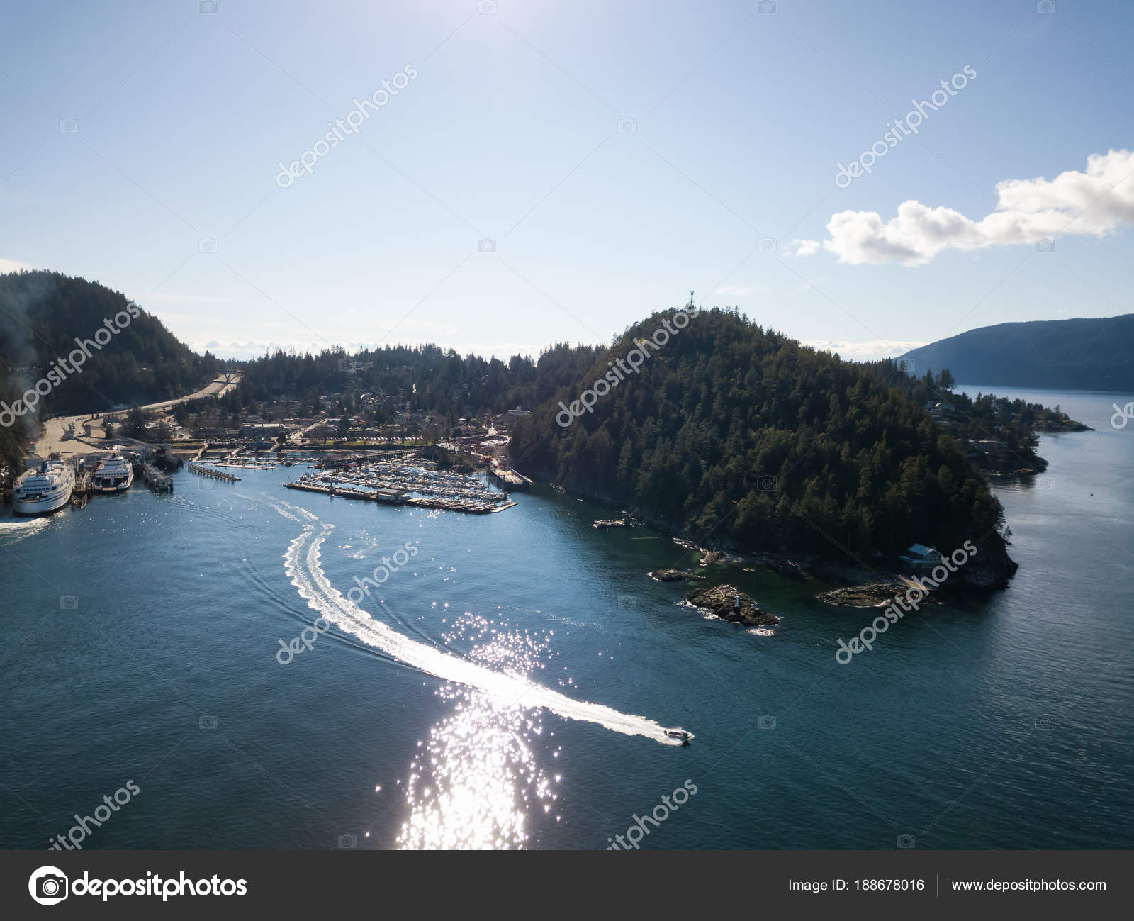 Aerial Panoramic View Horseshoe Bay Howe Sound Vibrant Sunny Day Stock