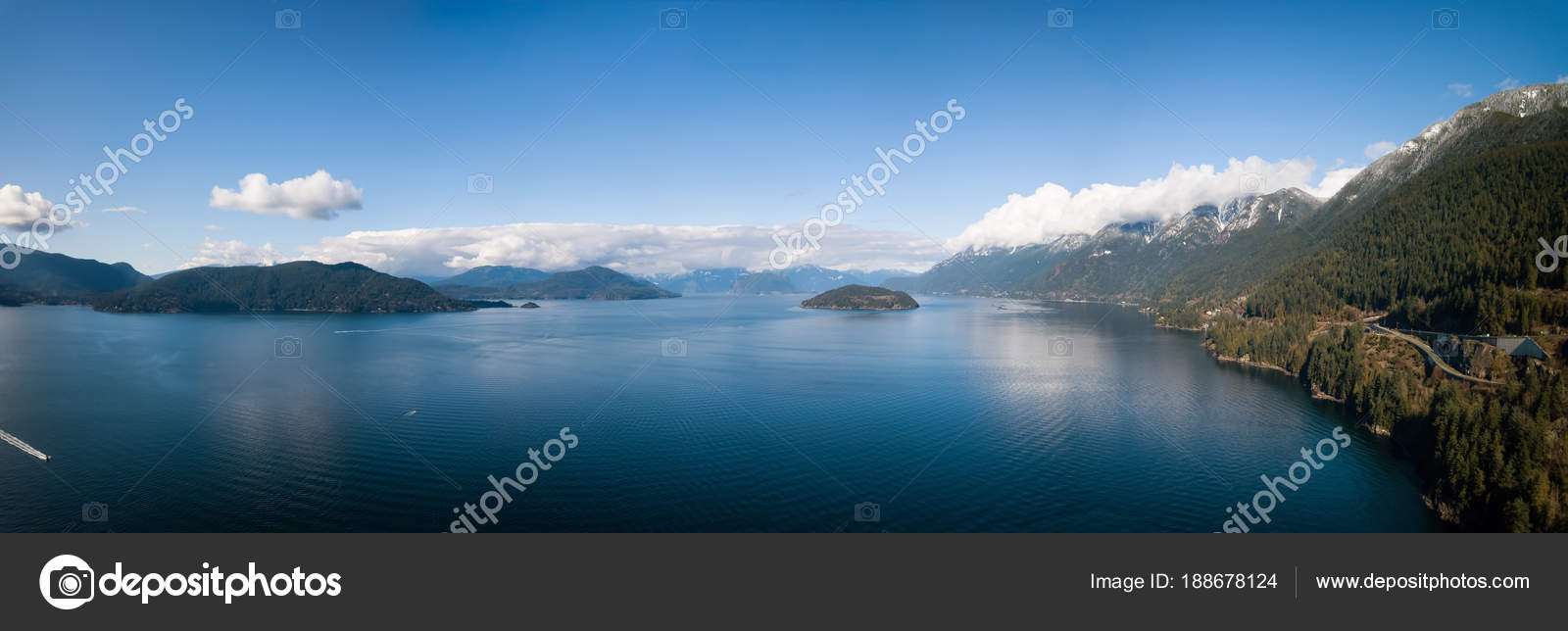Aerial Panoramic View Horseshoe Bay Howe Sound Vibrant Sunny Day Stock