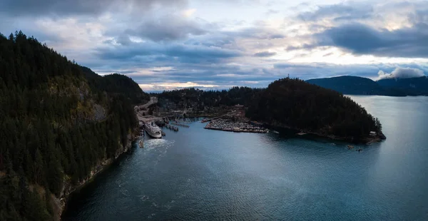 Aerial Panoramic View Horseshoe Bay Howe Sound Vibrant Cloudy Sunset — Stock Photo, Image