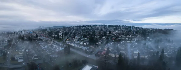 Aerial Panoramic View Residential Neighborhood City Foggy Sunrise Taken New — Stock Photo, Image