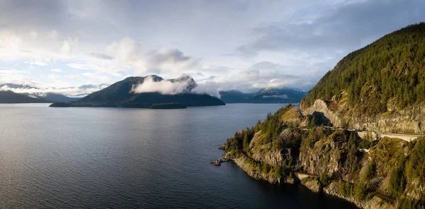 Aerial Panoramic View Sea Sky Highway Howe Sound Vibrant Sunny — Stock Photo, Image