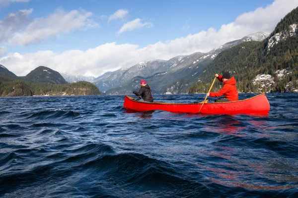 Couple Friends Wooden Canoe Paddling Inlet Surrounded Canadian Mountains Taken — Stock Photo, Image