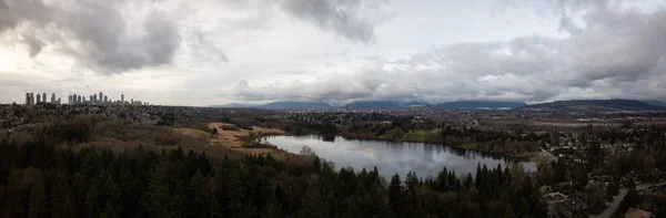 Aerial Panoramic View Deer Lake Cloudy Sunset Taken Burnaby Greater — Stock Photo, Image