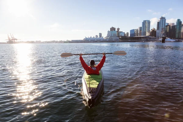 Homme Sur Kayak Gonflable Fait Kayak Coal Harbour Par Une — Photo