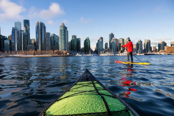 Kayaking Paddle Boarding Coal Harbour Vibrant Sunny Morning Taken Downtown — Stock Photo, Image