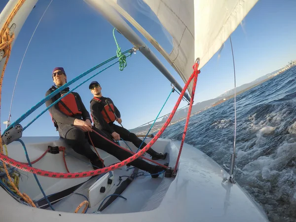 Adventurous Friends Sailing Vibrant Winter Sunset Taken Jericho Beach Vancouver — Stock Photo, Image