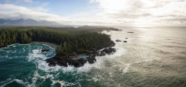 Aerial Panoramic Seascape View Vibrant Winter Morning Taken Tofino Ucluelet — Stock Photo, Image