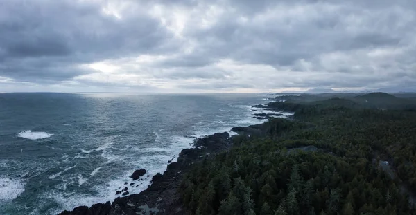 Aerial Panoramic Seascape View Rocky Pacifc Coast Gloomy Winter Sunset — Stock Photo, Image