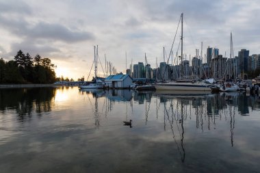 Yelkenli tekneler canlı gün doğumu sırasında bir Marina. Stanley Parkı içinde ele alındığında, kömür Limanı, Downtown Vancouver, Bc, Kanada.