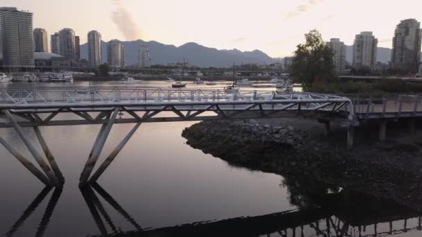 Hermosa Vista Aérea Del Puente Peatonal False Creek Centro Vancouver — Vídeos de Stock