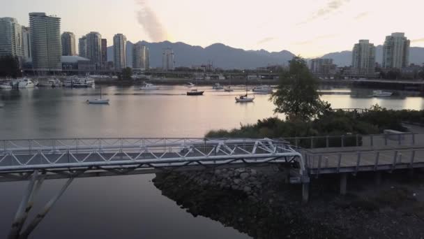 Hermosa Vista Aérea Del Puente Peatonal False Creek Centro Vancouver — Vídeos de Stock