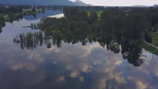 美丽的空中自然景观的沼泽湖泊与树木和彩色的反射云在天空中的春天日落 临近使命 温哥华东部 不列颠哥伦比亚省 加拿大 — 图库视频影像