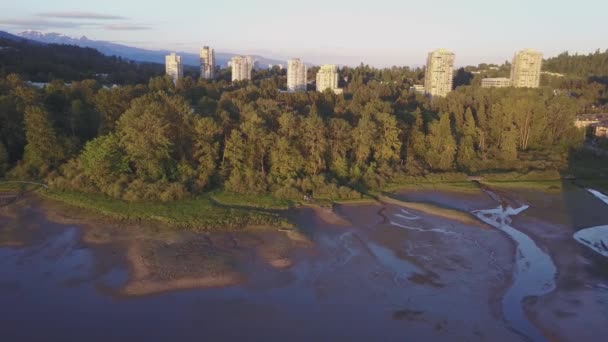 在加拿大不列颠哥伦比亚省的大温哥华 穆迪港海岸线小径的鸟瞰图 在阳光明媚的夕阳下拍摄 — 图库视频影像